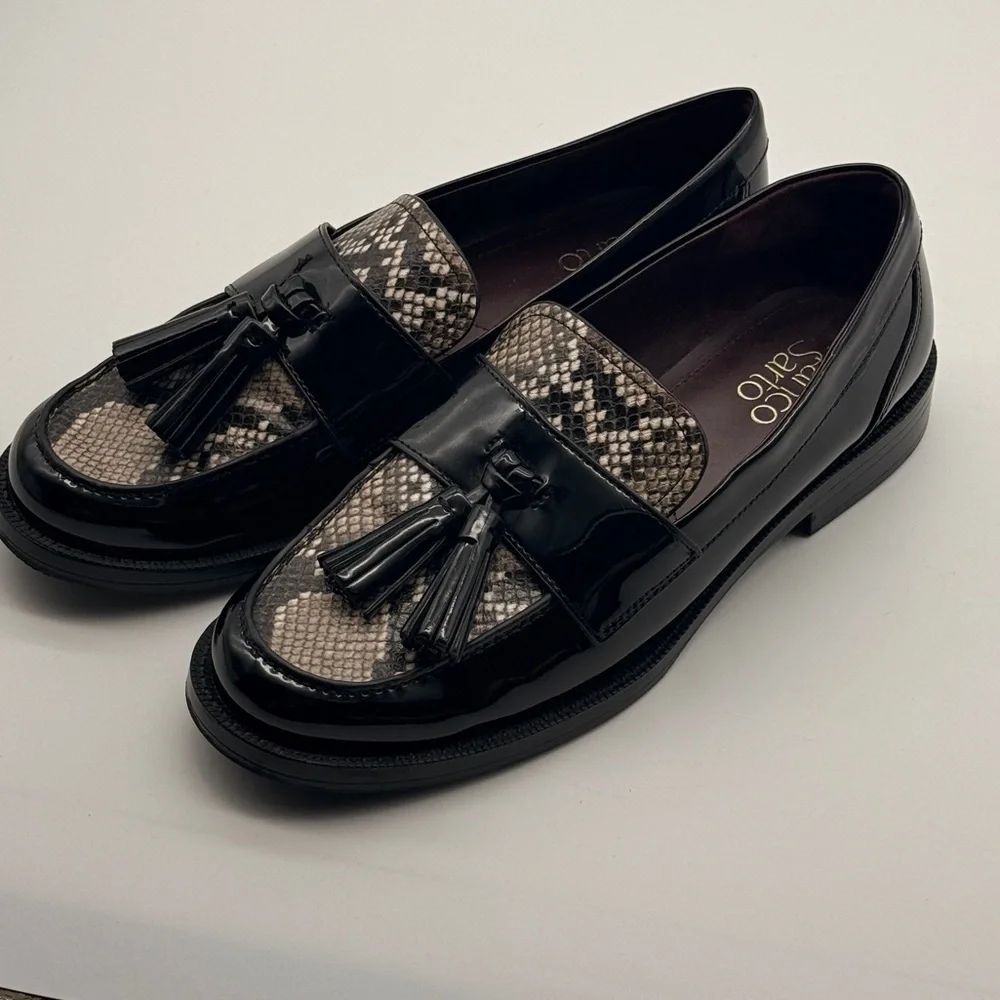 Franco Sarto Lucia Loafer (Women) 8M, BLACK PATENT MULTI Snake Print Lk New